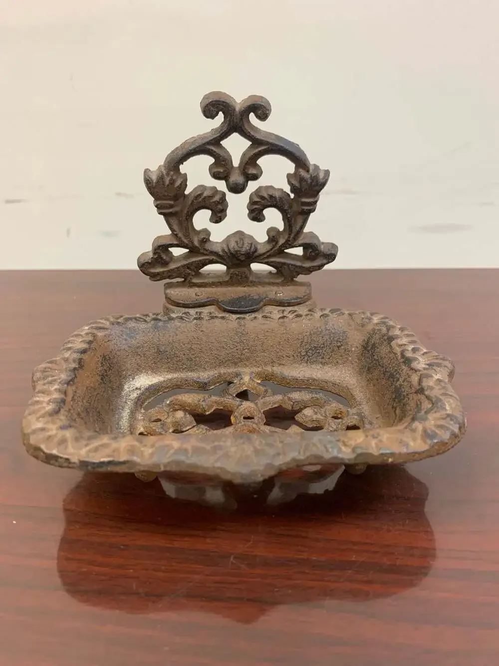 Vintage Ornate Cast Iron Soap Dish with Floral Detail and Drain